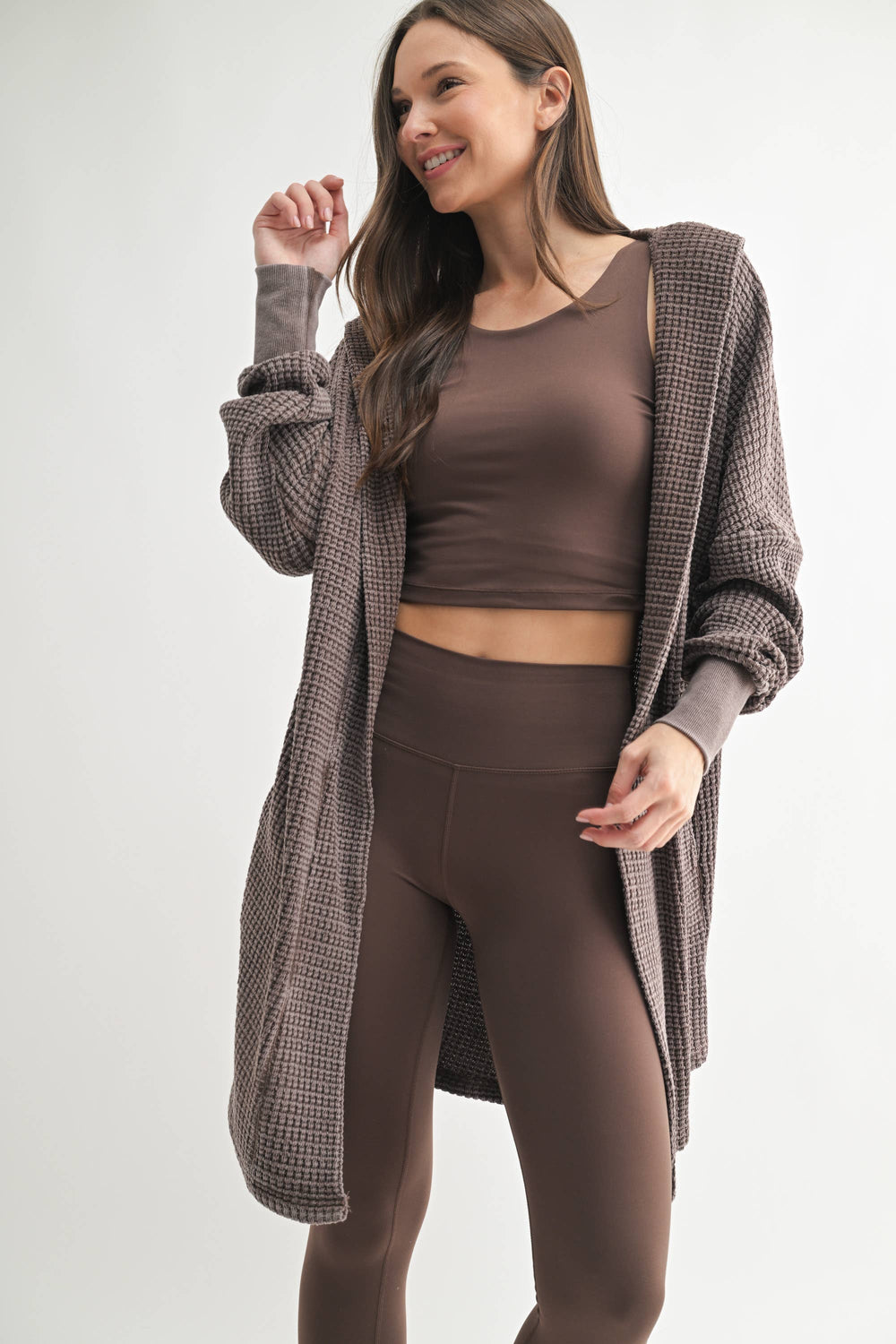 Chunky Waffle Mineral Wash Hooded Open Cardigan-Always A Bargain