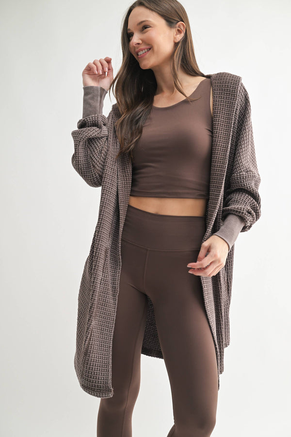 Chunky Waffle Mineral Wash Hooded Open Cardigan-Always A Bargain