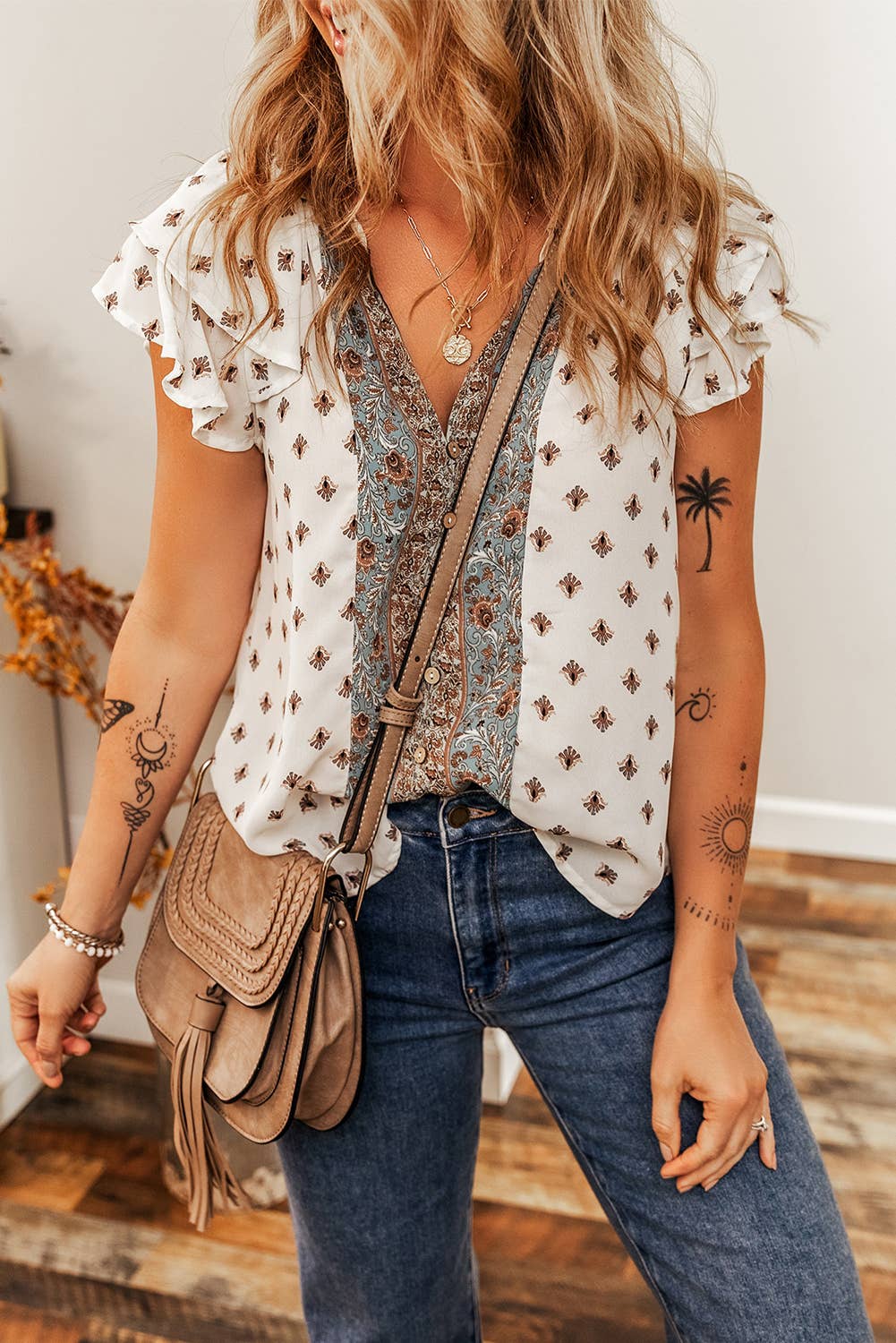 Boho Pattern Print Tiered Ruffled V Neck Blouse-Always A Bargain