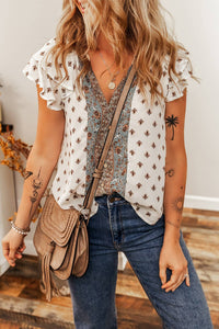 Boho Pattern Print Tiered Ruffled V Neck Blouse-Always A Bargain
