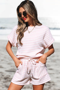 Stripe Knitted Top and Drawstring Shorts Set