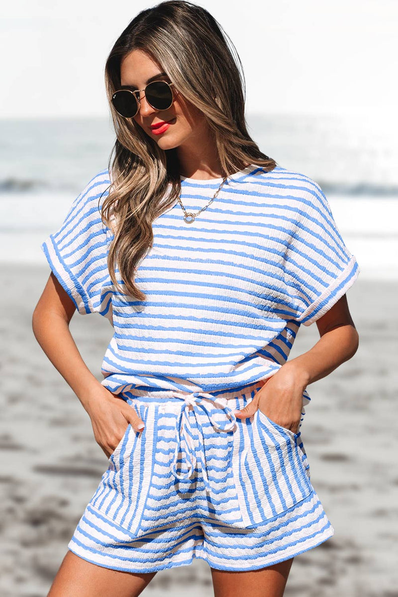 Stripe Knitted Top and Drawstring Shorts Set