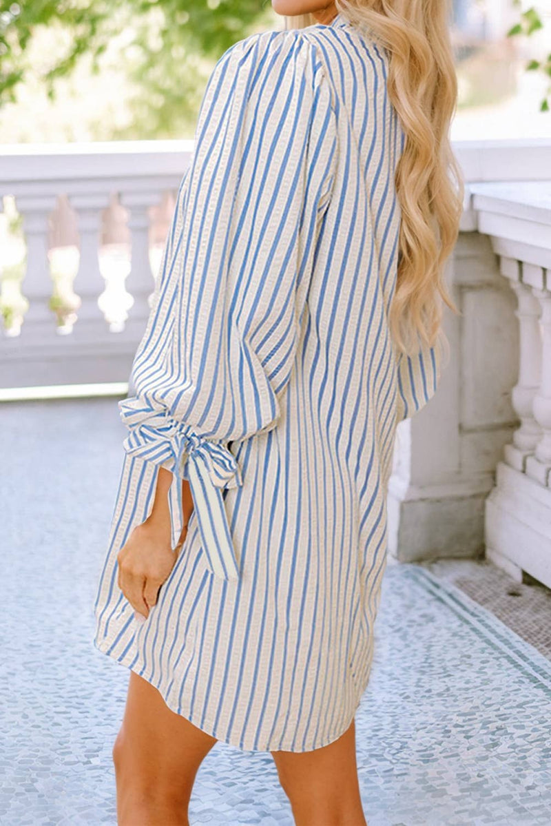 Stripe Knotted Bracelet Sleeve Notched Neck Shift Dress
