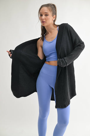 Chunky Waffle Mineral Wash Hooded Open Cardigan-Always A Bargain