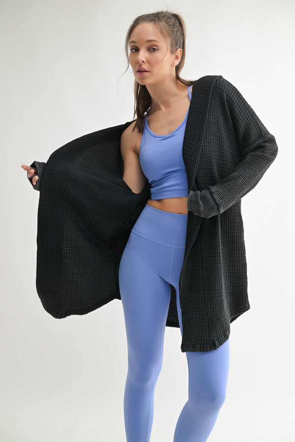 Chunky Waffle Mineral Wash Hooded Open Cardigan-Always A Bargain