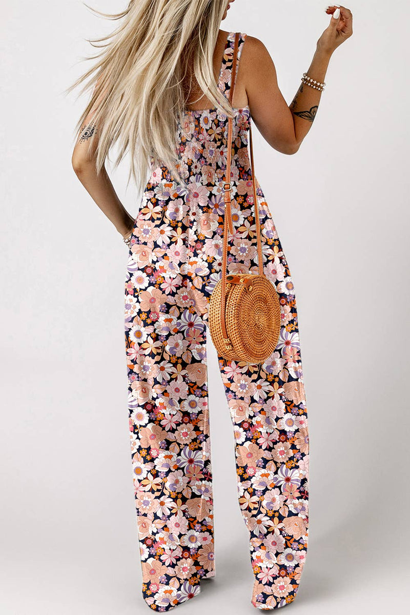 Floral Print Smocked High Waist Fashion Jumpsuit