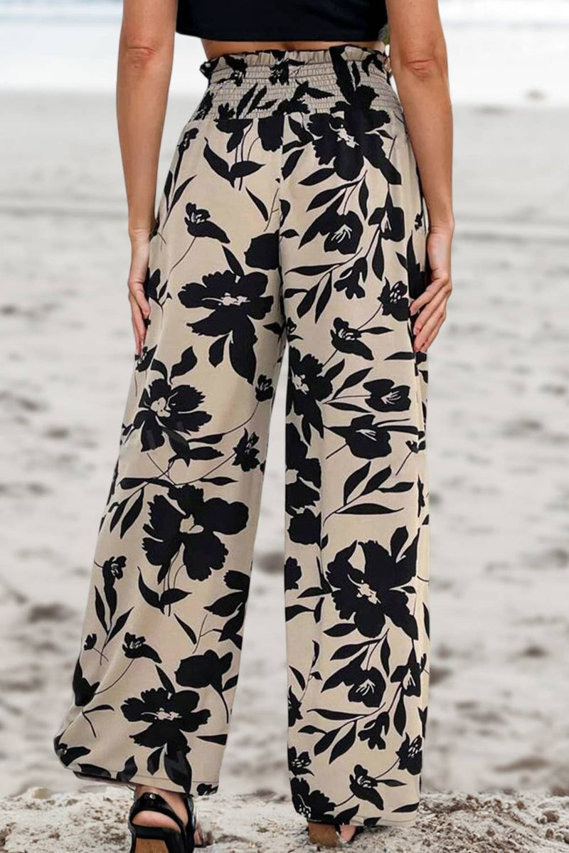 Black Floral Print Smocked High Waist Wide Leg Pants | S-XL-Always A Bargain