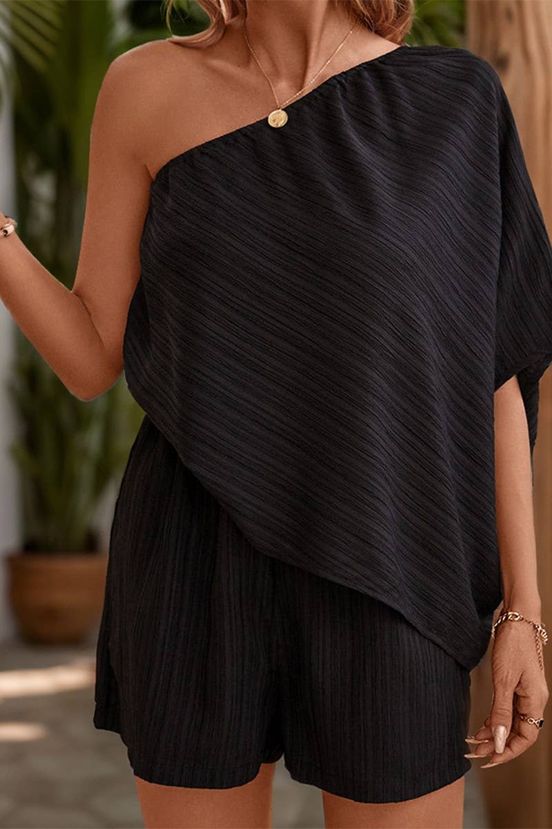 SOLID COLOR OFF-SHOULDER TEXTURED JUMPSUIT