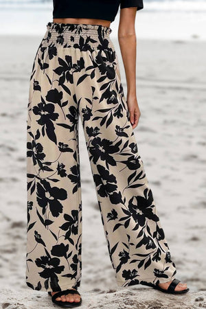 Black Floral Print Smocked High Waist Wide Leg Pants | S-XL-Always A Bargain